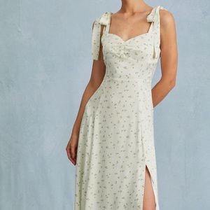 Rihoas The Light Green Satin Floral Tie Strap Slit Midi Dress